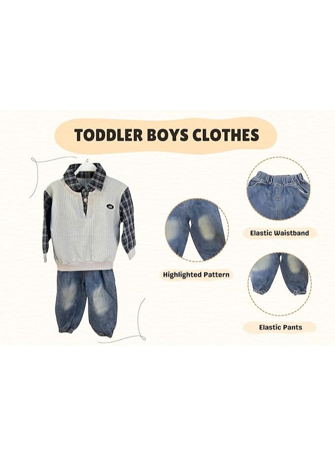 MINIIMODZ MINII MODZ Boys Co-Ord Set – Sweatshirt with Collar & Printed Shirt Design Paired with Denim Pants | Boys Outfit - Image 4